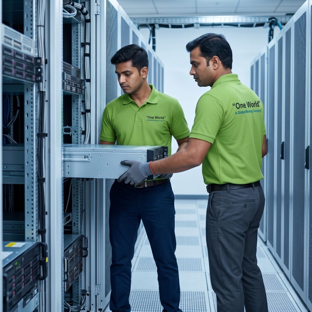 One World Logix team mounting server into rack during professional data center migration India