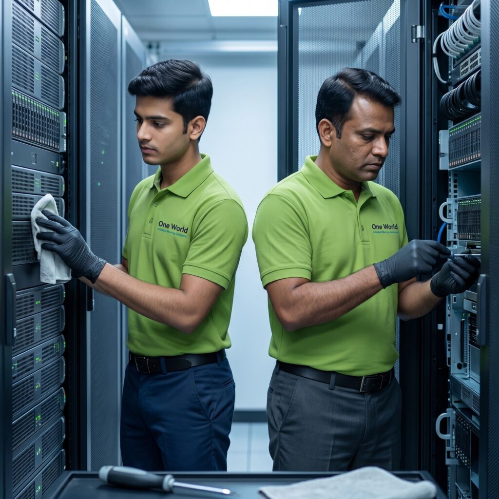 One World Logix team cleaning and inspecting server rack during data center migration India