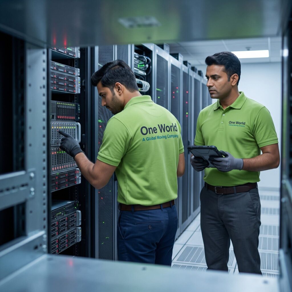 One World Logix technicians inspecting server rack with tablet during data center migration India