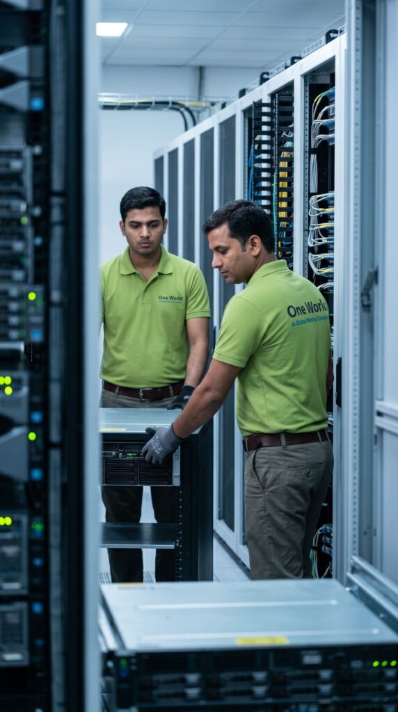 One World Logix team decommissioning server rack during data center migration India